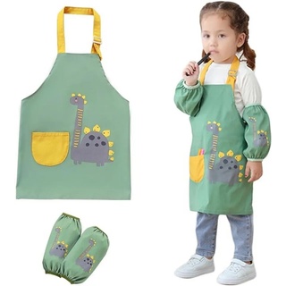 LENBEST Kochschürze Kinder Schürzen Set mit Taschen und 2 Ärmel Wasserdicht, Verstellbare, für Jungen Mädchen Basteln Malen Backen Kochen grün