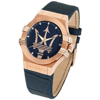 MASERATI Quarzuhr Maserati Leder Armband-Uhr Analog, Herrenuhr Lederarmband, rundes Gehäuse, groß (ca. 40mm) blau blau
