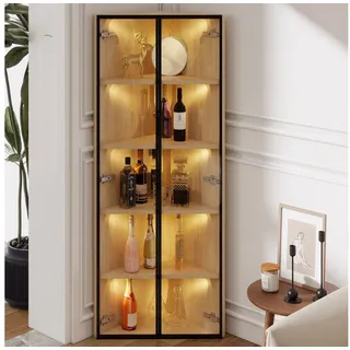 Merax Glasvitrine Eckschrank Eckvitrine mit LED Licht (1-St) Eckvitrine Hochschrank mit 2 Glastüren, Vitrinenschrank, 62x35x160cm beige