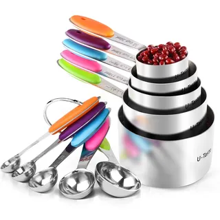 U-Taste Messbecher und Messlöffel Set, 18/8 Edelstahl, 10 Stück, Mehrfarbig | Griff mit Verbesserter Dicke, Amerikanisch