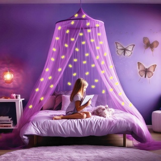 Lila Betthimmel mit vorgeklebten leuchtenden Einhörner - Violett Prinzessinen Moskitonetz für Mädchen Zimmerdekoration - Himmelbett Vorhänge für Kinder und Baby Bett