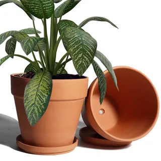 20 cm Tontopf für Pflanzen mit Untersetzer, 2 Stück, großer Terrakotta-Blumentopf mit Ablaufloch, Tontopf, Terrakotta-Topf für Innen- und Außenbereich