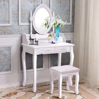 COSTWAY Schminktisch mit Hocker, Frisiertisch mit schwenkbarem Spiegel und 4 Schubladen, Frisierkommode Kosmetiktisch Schminkkommode modern, Weiß