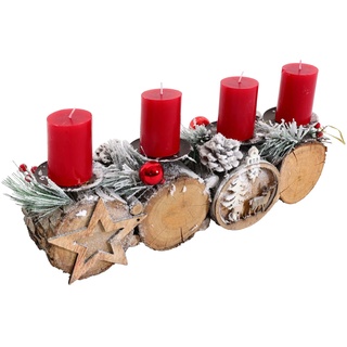 Adventsgesteck HWC-M14 mit Kerzenhalter, Adventskranz Weihnachtsgesteck Holz 12x41x12cm - mit Kerzen