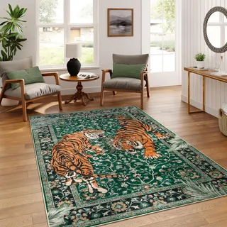 Moynesa Tiger Teppich, Boho-Waschbarer Wohnzimmerteppich, rutschfest, grün, für Schlafzimmer, ultradünn, Vintage, weich, schmutzabweisend, Überwurf, Bodenteppich für Büro, Esszimmer, 12,7 x 17,8 cm