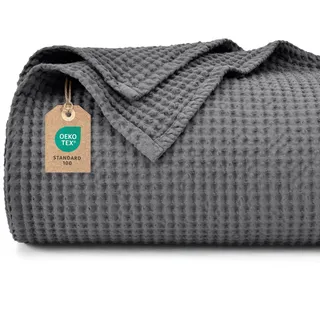 PHF 100% Baumwolle waffledecke Kuschedecke 130x150cm, leicht & atmungsaktiv, perfekt für das ganze Jahr - Oeko-TEX® Zertifiziert - Hotelwäschequalität - Ideal für Sofa Couch Bett, Anthrazit