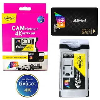 Tivusat Cam 4K UltraHD DigiQuest Tivusat Modul + Karte aktiviert RAI Mediaset italienische Smartcard NEUE Generation 2026 für Hotbird 13°E TVSAT CI+ - Schwarz