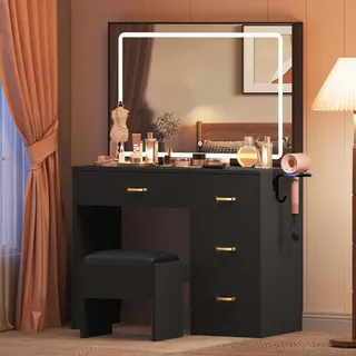 YITAHOME Schminktisch mit verstellbaren LED-Beleuchtung und Steckdosen,Frisiertisch mit 4 Schubladen mit Hocker,Schminktisch mit Spiegel,Schwarz