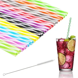 Lanovuto 60 Stück Strohhalme Plastik, 23 cm Trinkhalme Plastik mit Strohhalmbürste, Strohhalm Wiederverwendbar, Plastikstrohhalme für Smoothies, Saft, Cocktail, Heißgetränk