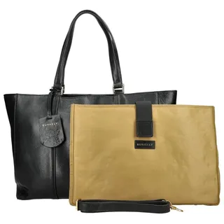 Elegante Leder Tasche mit herausnehmbarer Innentasche und extra Riemen, lange Tragehenkel - Schwarz