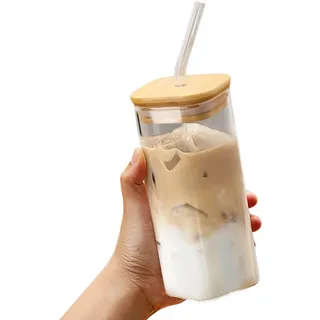 Generisch Glasbecher Mit Deckel Und Strohhalm 400Ml Matcha GläSer Kaffee GläSer Glas TeegläSer Mit Trinkhalm Smoothie Beche FüR Frauen Trinkbecher FüR Iced Coffee Smoothie Matcha Cocktail Latte (B)