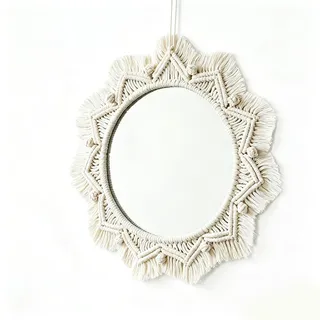 Voyoo Makramee Wandspiegel mit handgewebtem Seil Rahmen Runde Boho Dekor für Schlafzimmer Wohnzimmer Eingang Hotel Home Dekoration 40cm
