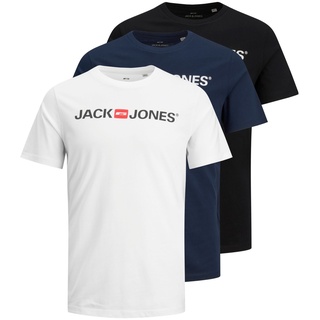 Jack & Jones Herren Rundhals T-Shirt JJECORP LOGO 3er PACK - Slim Fit Slim Fit Weiß 1Schwarz 1Blau 1 Weiß 12191330 S