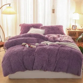 Sacebeleu Plüsch Bettwäsche Set 135x200cm Biber Warme Winter Flauschig Flanell Mädchen Violett Lila Bettbezug mit Reißverschluss und 1 Kissenbezug 80x80cm