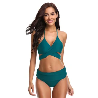 SHEKINI Damen Bikini Set Neckholder Push Up Oberteil Große Brüste Mit High Waist Bikinihosen Bottom Sport Zweiteiliger Geteilter Badeanzug - S