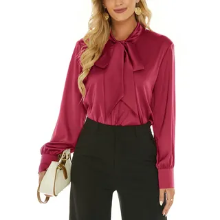 Escalier Damen-Seidenbluse, langärmelig, mit Schleife am Hals, Button-Down-Shirts, lässig, Büro, Arbeit, Bluse, Tops, Weinrot, Mittel - M
