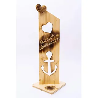 Der Einschneider Willkommensschild Haustür Anker NR16 Geflammtes Herzlich Willkommen Schild - Türschild Holz Deko, Gartendeko, Türdeko - Lackiert & Wetterfest - 25 x 20 x 79 cm