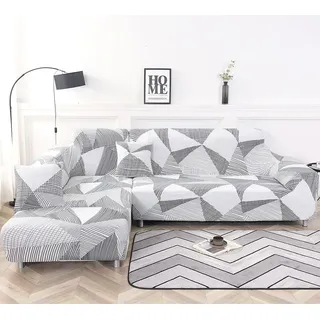 Elastisch Sofabezug Ecksofa L Form Sofahusse Sofa Überwurf Sofaüberwurf Couch Bezug, für Ecksofa (2-Sitzer+3-Sitzer),Weiß Grau Gitter - Weiß