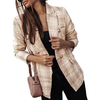 Vagbalena Zweireihiger Damenblazer Büroarbeitsjacke Blazer Büroarbeitsjacke Freizeitblazer Slim-Fit Revers Karierte Jacke (Khaki,M) - M