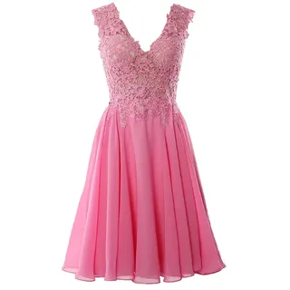 Beyonddress Damen Chiffon Abendkleider Elegant Kurz Spitze Brautjungfernkleider V-Ausschnitt Ballkleider Cocktailkleider(Rosa,48) - 48