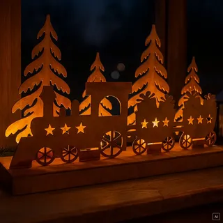 abc HOME LED Weihnachtsdampflok Metall Edelrost Tannenbäume 35cm