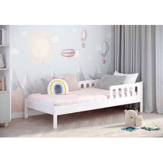 CADANI Kinderbett Finn (Absturzsicherung an der oberen Hälfte des Bettes), integrierter Lattenrost, wahlweise in 3 Größen mit und ohne Schubladen weiß 95 cm x 205 cm x 57 cm
