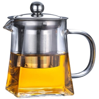 Glas-Teekanne mit Edelstahl-Teesieb und Deckel, Borosilikatglas-Teekessel für Herd geeignet, Blühende und lose Blätter, quadratisch, 350 ml