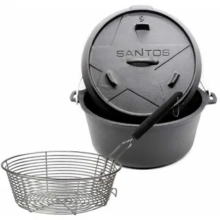 SANTOS Dutch Oven mit Deckel - inkl. Frittierkorb Ø 27,5 x9,5cm - 8,5 L/9 Qt Feuertopf - Gusseisen - ideal für Lagerfeuer, Feuerstelle, Kohle- oder Gas-Grill