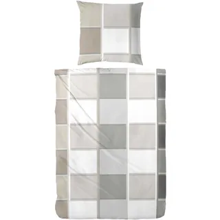Hahn Haustextilien Primera Karo Mako-Satin Grau/Beige 135 x 200 cm + 80 x 80 cm