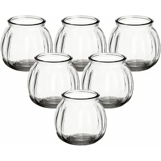 gouveo 6er Set Teelichtgläser 200 ml (0,20 l) Teelichtglas 200 ml geriffelt rund Vintage-Look, bauchig, transparentes Klarglas als Windlicht, Dessertglas, Deko-Vase