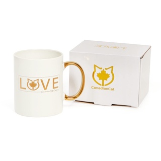 CanadianCat Company | LOVE Keramik Tasse 330ml | White & Gold LE | Katzen Geschenkidee Tee Kaffetasse Spülmaschinen- und Mikrowellensicher