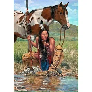 Reofrey Diamond Painting Zubehör DIY Diamantmalerei Lake Horse Indianer Bohren Voll Stickerei Strass Diamant Malerei Set Wanddekoration 30x40 cm