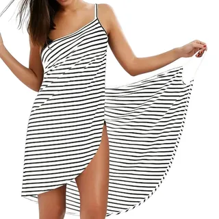 LumiSyne Strandkleider Damen Bikini Cover Ups Mode Streifen Badeanzüge Ärmellos Wickelkleid Sexy V Ausschnitt Strandponcho Pareos Lose Stil Strandrock,Schmale Fransen Weiß,3XL - 3XL
