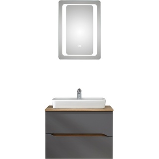 Badmöbel-Set SAPHIR "Quickset 2-teilig, Keramik-Aufsatzbecken mit LED-Spiegel" Kastenmöbel-Sets grau (quarzgrau matt touch, quarzgrau matt, akzent riviera eiche quer nb) Bad-Sparsets