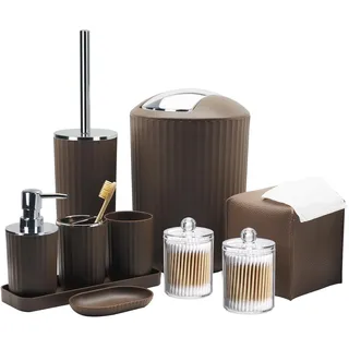 Badezimmer-Zubehör-Set,10-teiliges braunes Badezimmer-Zubehör-Set mit Mülleimer, Zahnbürstenhalter und Tasse, Seifenspender, Seifenschale, WC-Bürstenhalter, Qtip-Halter, Taschentuchbox Abdeckung