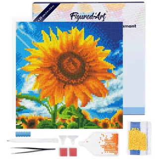Figured'Art Mini Diamond Painting Erwachsene 25x25cm Mit Rahmen Ganze Leinwand gespannt Sonnegeküsste Sonnenblume 5D Bilder Runde Steine - DIY Set Basteln
