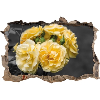 Pixxprint 3D_WD_5355_92x62 Schöne gelbe Rosenblüten Wanddurchbruch 3D Wandtattoo, Vinyl, schwarz / weiß, 92 x 62 x 0,02 cm