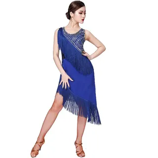 Lateinisches Tanz-Kostüm für Damen, lateinisches Tanzkleid, ärmellos, asymmetrische Pailletten Fransen Quasten Rumba Samba Tango Ballroom Dancewear Rumba Dance Dress Performance Rock Medium blau