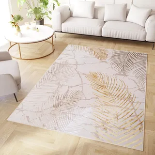 TAPISO Crystal Teppich Kurzflor Glänzend Gold Weiß Creme Palmenblätter Feder 3D Effekt Wohnzimmer Schlafzimmer Modern Design ÖKO-TEX 160 x 220 cm