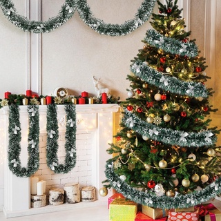 DriSubt 39,5 Fuß Weihnachts Lametta Girlande, glänzende Girlande, metallische Weihnachtsbaum Girlanden Dekorationen für Weihnachtshochzeits Geburtstags Party Innen (5pcs*2m + 60pcs Silver Fliege)