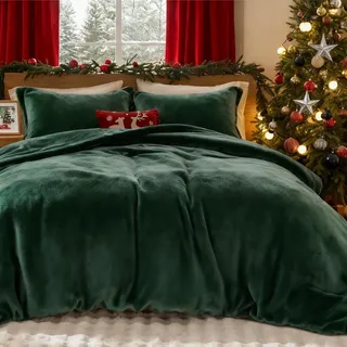 Lanqinglv Winter Bettwäsche 140x200 Biber Dunkelgrün Plüsch Flanell | ÖKO-TEX Zertifiziert,Flauschig,Winterbettwäsche für Allergiker,Bettbezug und 1 Kissenbezüge 80x80 mit Reißverschluss