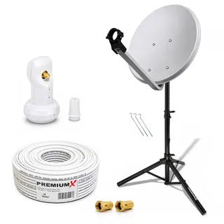 PremiumX Camping Satelliten-Komplettanlage 45cm Satelliten-Schüssel SAT Single LNB Ständer Dreibein-Stativ 10m Kabel 2x F-Stecker