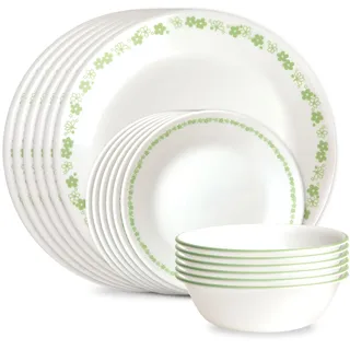 Corelle Vitrelle 18-teiliges Geschirrset aus Glas, Service für 6 Personen, dreilagig, splitter- und rissfest, Glasteller- und Schüssel-Sets, Frühlingsblütengrün