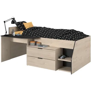 Parisot Meuble Hochbett, Eiche, Holz, Nachbildung,Eiche, 2 Schubladen, Rechteckig, 90x200 cm, Kinder- & Jugendzimmer, Kindermöbel, Kinderbetten, Hochbetten