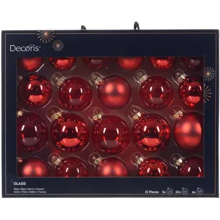 Decoris Weihnachtskugeln Glas 5-7cm 21er Set - matt & glänzend & transparent - Christbaumkugeln Weihnachtsbaumkugeln für Weihnachtsbaum - Kerstbal Glas d7 cm krd Ass 21st I kerst Weihnachtsrot