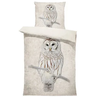 One Home Bettwäsche Winter Thermofleece, Fleece, 2 teilig, Eule Natur Tiermotiv, kuschelig flauschig warm weich Modern beige