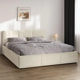 Jana NELA Polsterbett mit Bettkasten und Lattenrost, Doppelbett mit gepolstertem Kopfteil und Stauraum (Beige Samt HLR1, 140 x 200 cm)