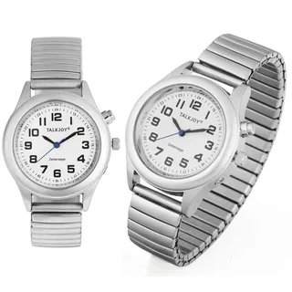 TalkJoy Sprechende Armbanduhr für Herren, Uhr für Senioren & Blinde, Sprachansage in Deutsch, Uhrzeit & Datum per Knopfdruck, große Zahlen, Wecker, automatische Zeitansage, Farbe Silber