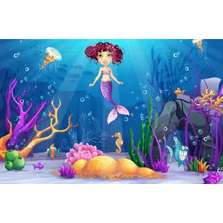 Fototapete PAPERMOON "MEERJUNGFRAU-MEER FISCHE KORALLEN RIFF UNTERWASSER DEKO", bunt, B:2,00m L:1,49m, Vlies, Tapeten