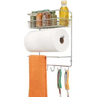 mDesign Küchenrollenhalter – platzsparender Papierrollenhalter zur Wandmontage mit integriertem Gewürzregal aus Metall – praktischer Küchenhelfer – silberfarben